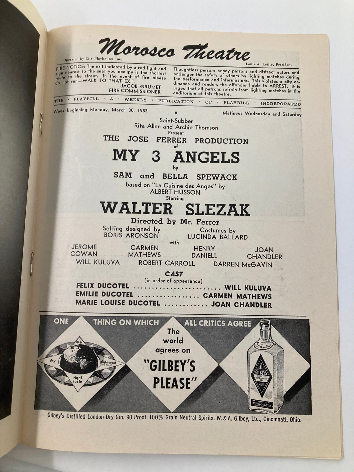 1953 Playbill from Morosco Theatre featuring the production of My 3 Angels, starring Walter Slezak and Jerome Cowan. The cover displays cast details, production credits, and advertisements, representing a historic moment in Broadway theatre.