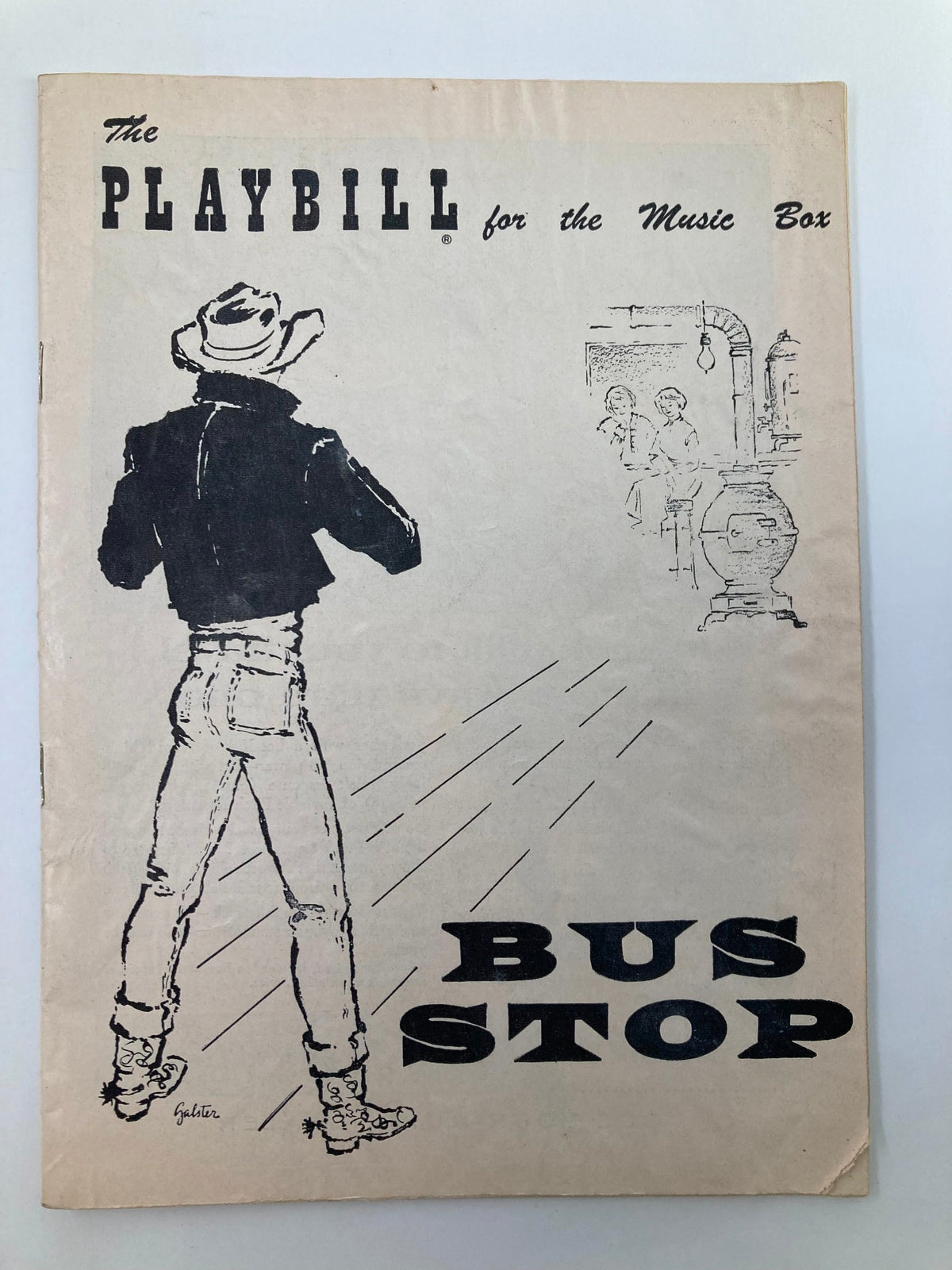 Vintage 1955 Playbill for The Music Box production of Bus Stop, featuring a cowboy illustration on the cover.