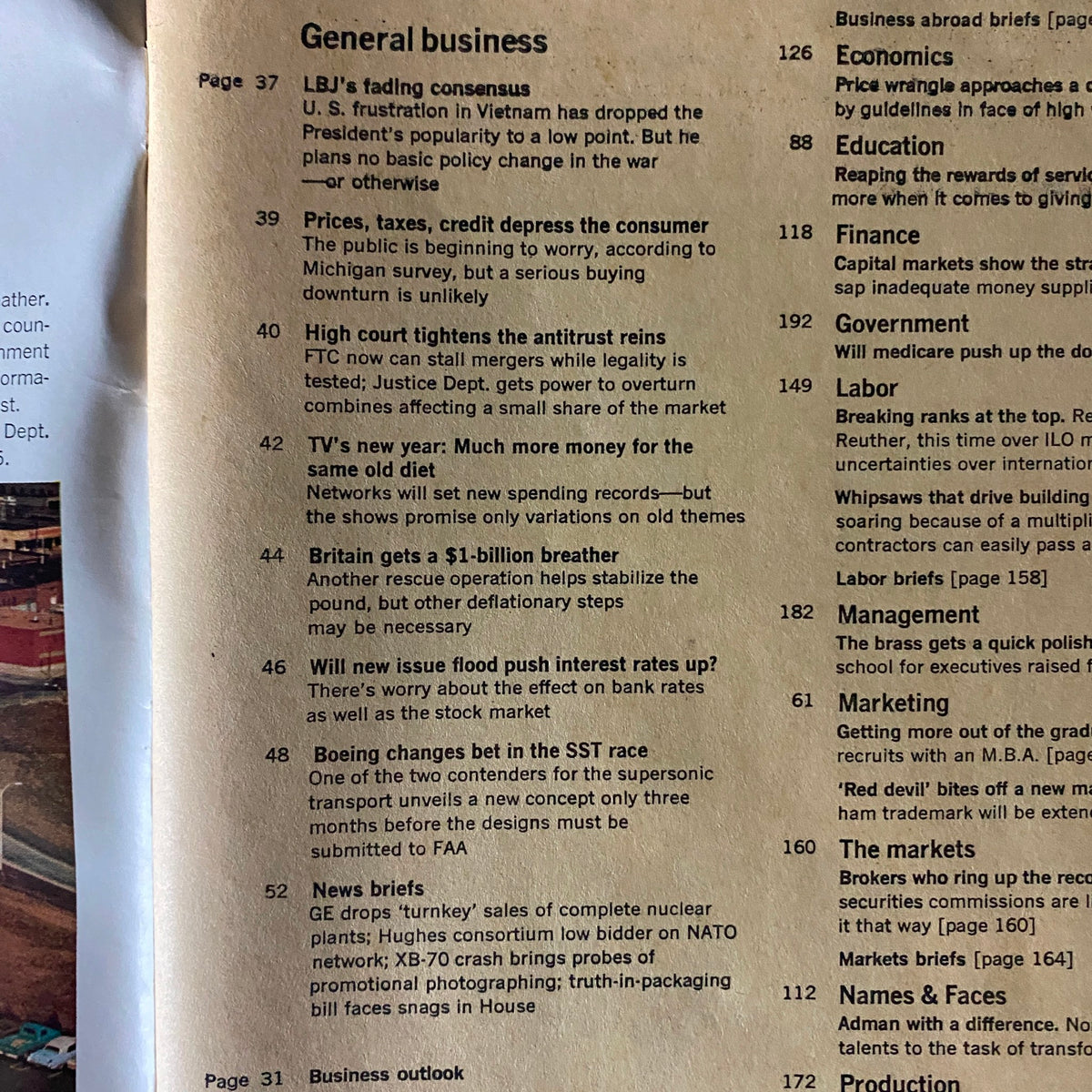 Interior page of Business Week Magazine from June 18, 1966, displaying articles discussing general business topics, including LBJ’s declining popularity, consumer sentiment, and economic trends.