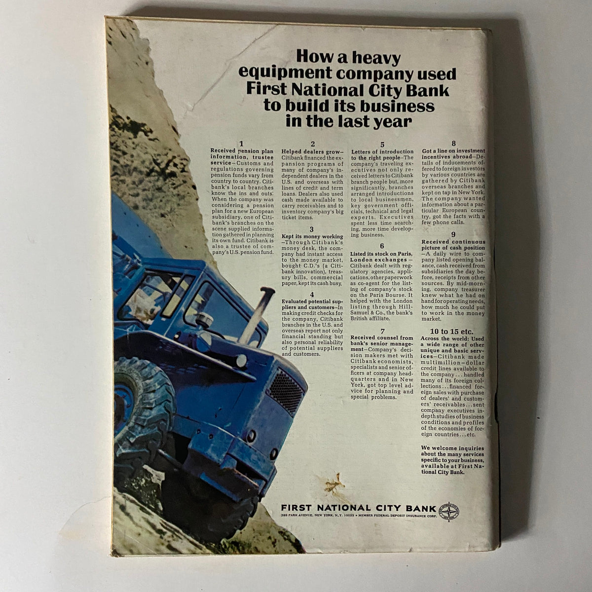 Back cover of Business Week Magazine, June 18, 1966, featuring an advertisement for First National City Bank, illustrating how businesses utilized banking services for growth.