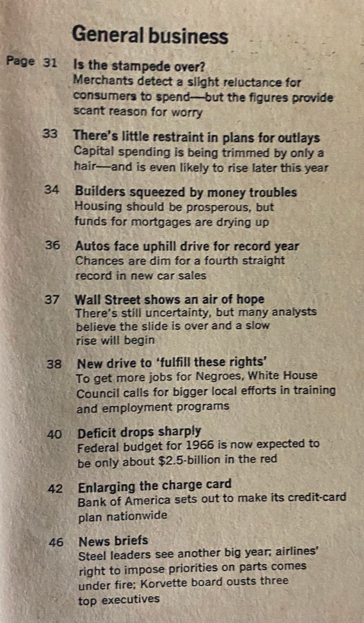 Table of contents from the Business Week Magazine May 28 1966 featuring articles on general business topics including consumer spending, capital expenditures, and Wall Street trends.