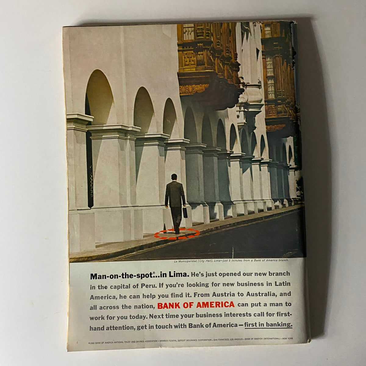 Back cover of Business Week Magazine May 28 1966 promoting Bank of America's new branch in Lima, Peru, highlighting business opportunities in Latin America.