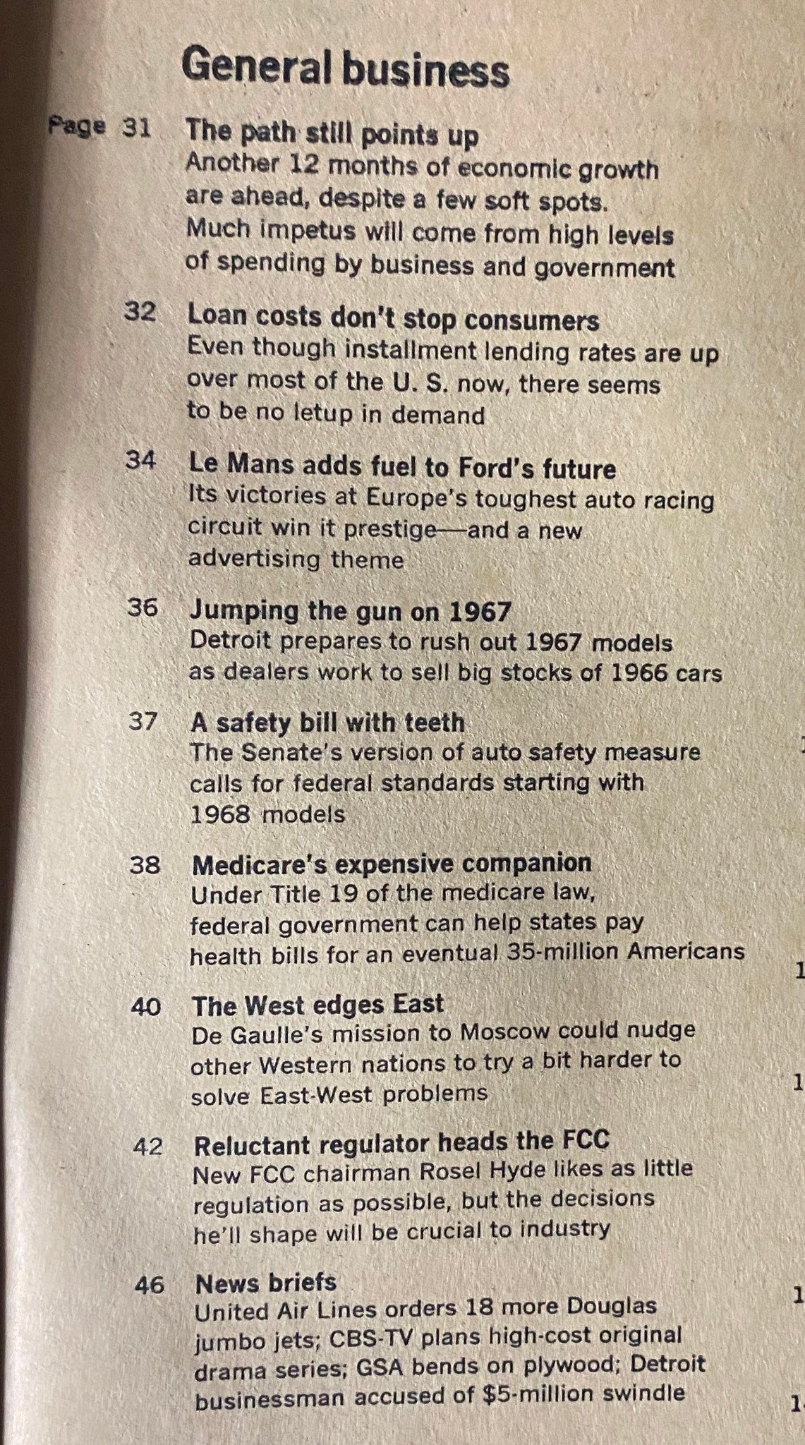 Interior page of Business Week magazine June 25, 1966, listing key articles including economic predictions and automotive industry developments, reflecting mid-20th century business trends.