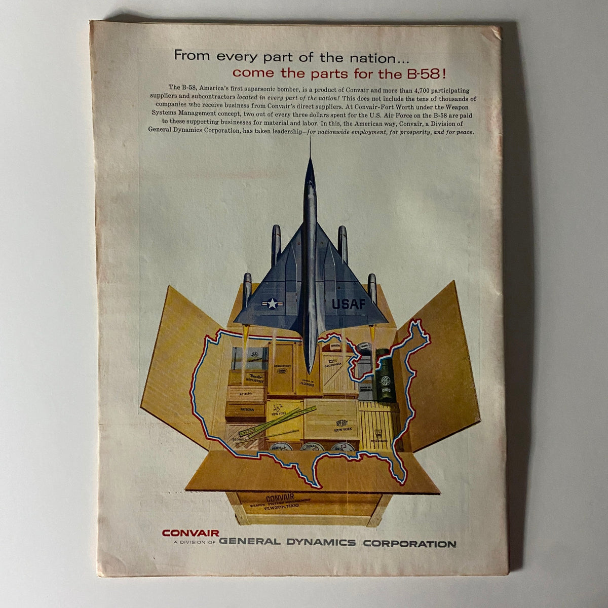 Back cover of Time Magazine August 10, 1959, with an advertisement for the B-58 bomber by Convair, illustrating the aircraft and its parts from various suppliers in the USA.