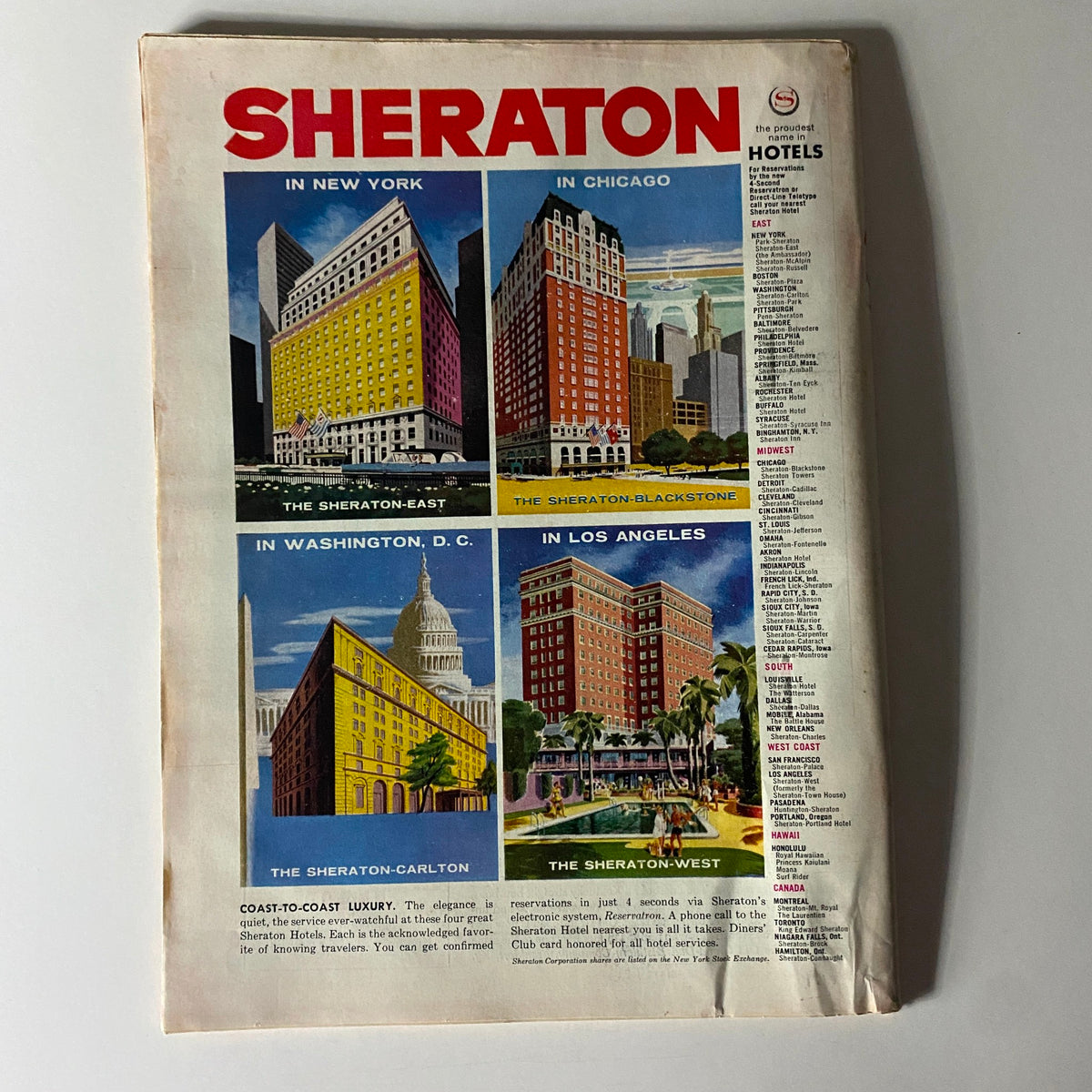 Vintage advertisement for Sheraton Hotels displaying architectural images of various locations including New York, Chicago, Washington D.C., and Los Angeles.