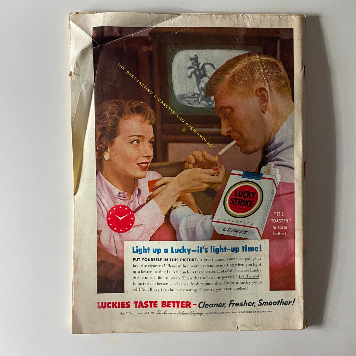 Back cover of Time Magazine November 14, 1955, displaying a vintage advertisement for Lucky Strike cigarettes, illustrating mid-century advertising styles.