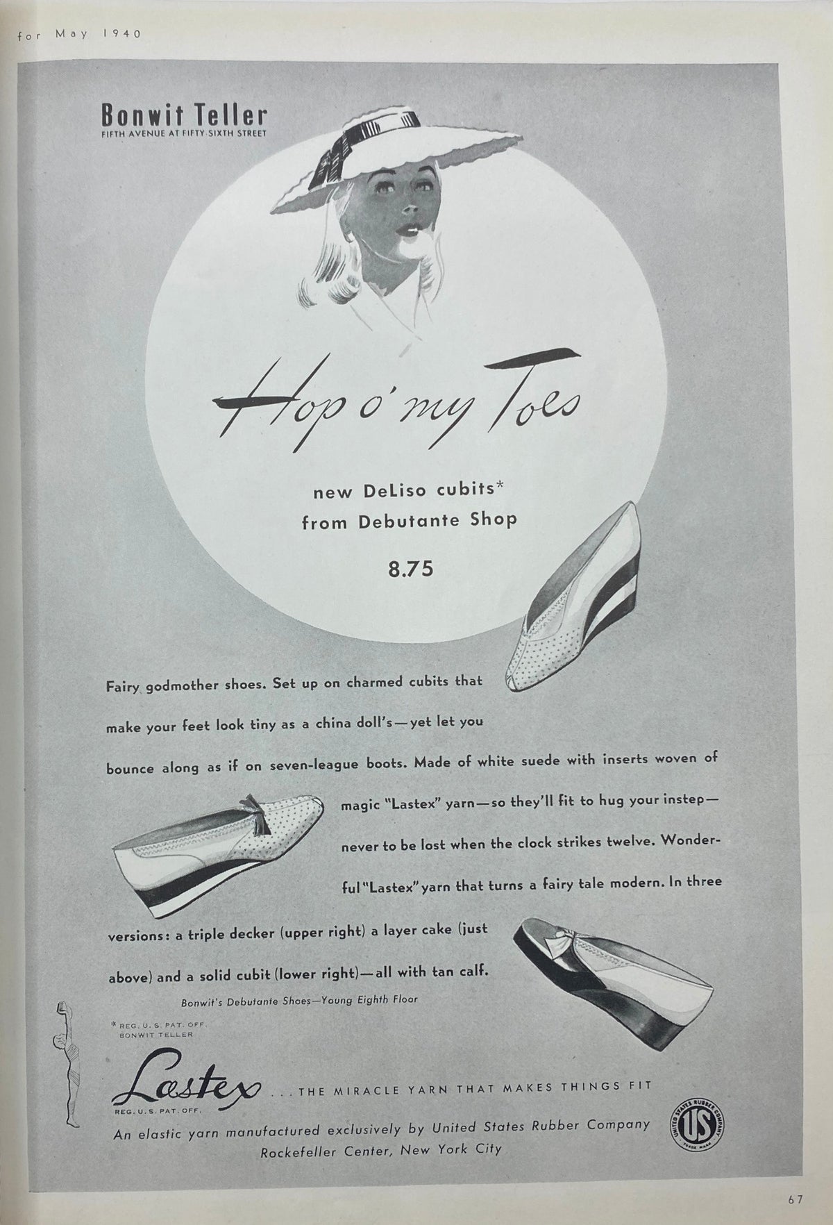 Advertisement page from Mademoiselle Magazine May 1940 featuring shoe designs from Bonwit Teller with whimsical descriptions.