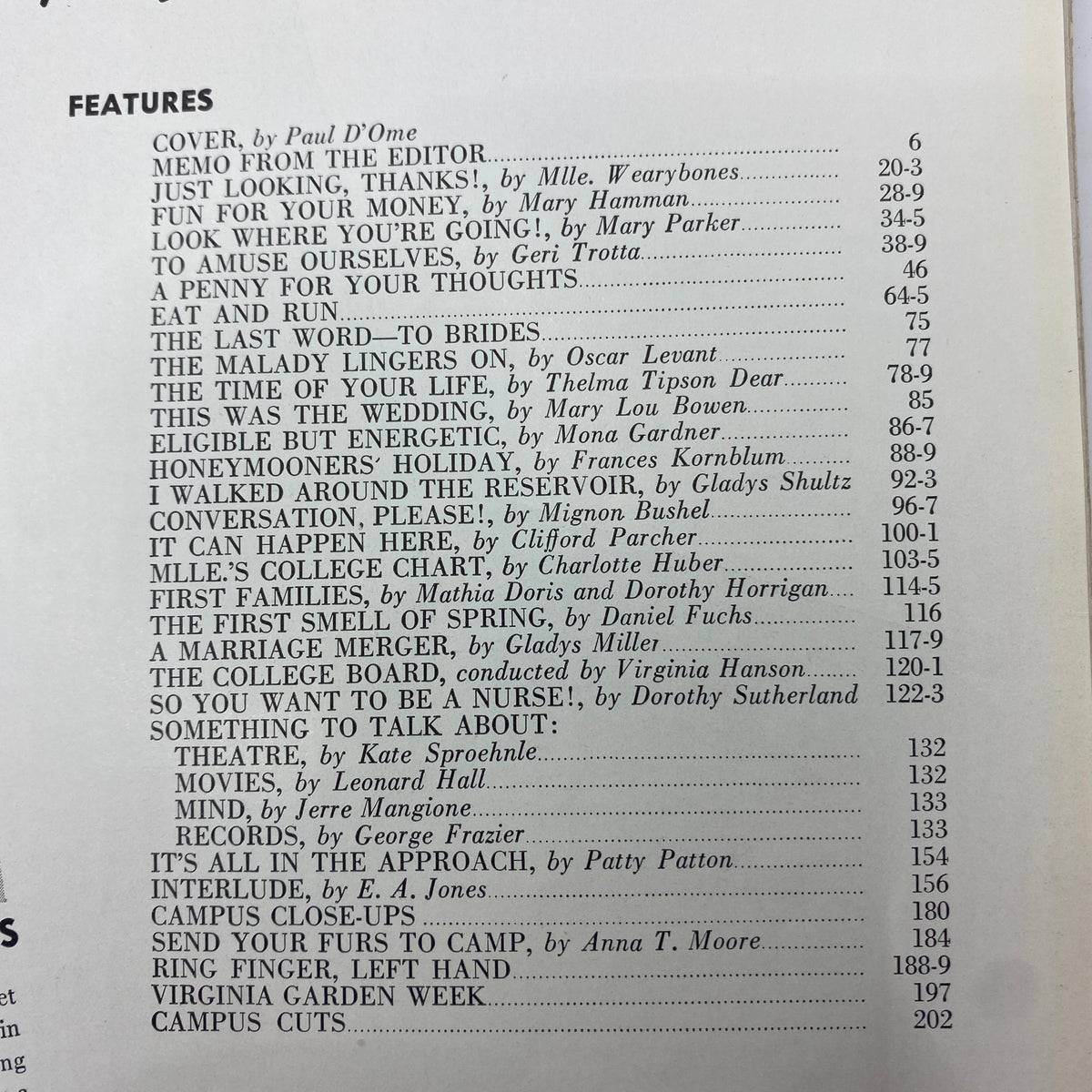 Contents page of Mademoiselle Magazine April 1940 listing featured articles and topics relevant to brides and fashion enthusiasts.