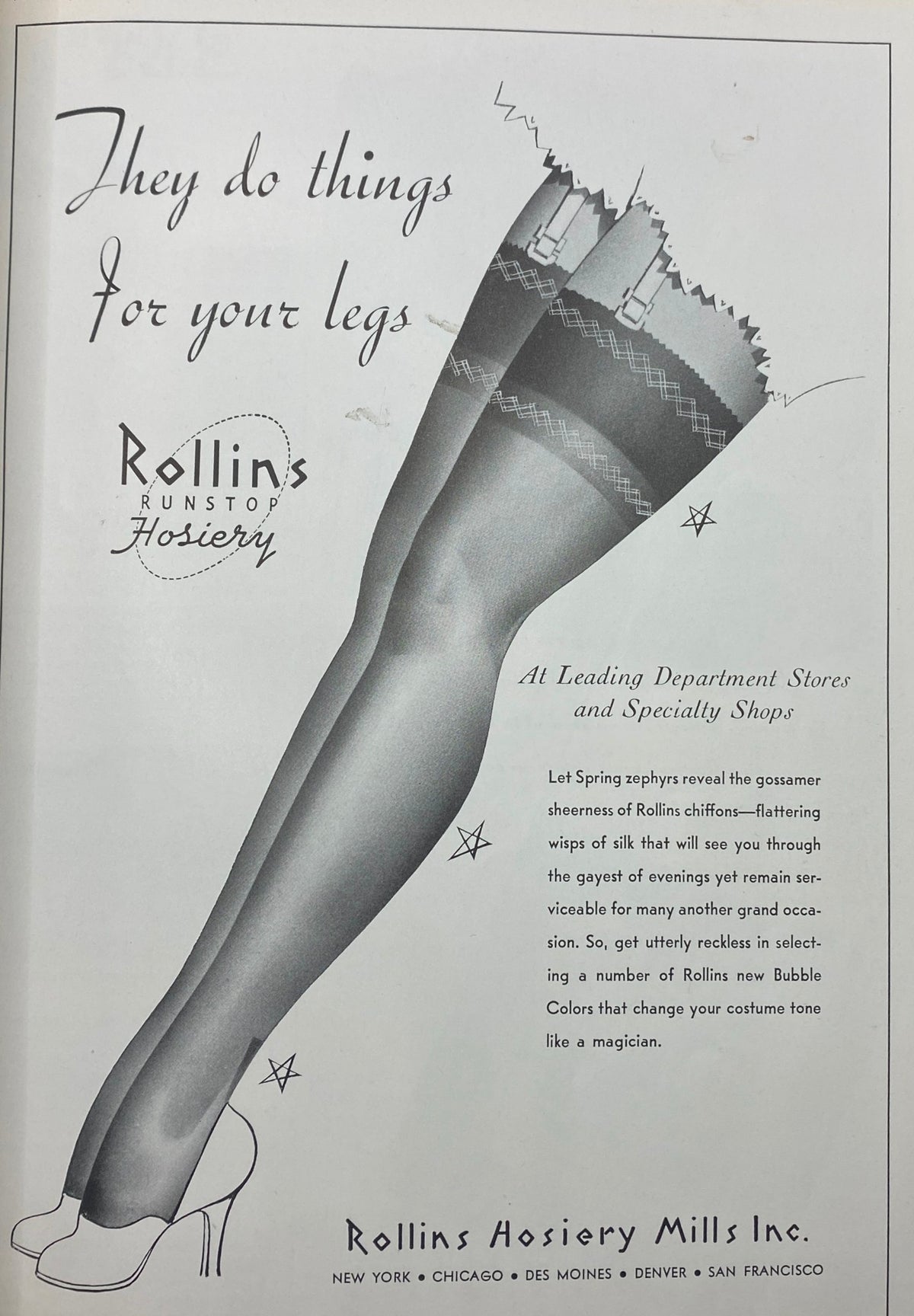 Vintage advertisement from Mademoiselle Magazine April 1940 promoting Rollins Runstop Hosiery, evoking 1940s fashion trends.