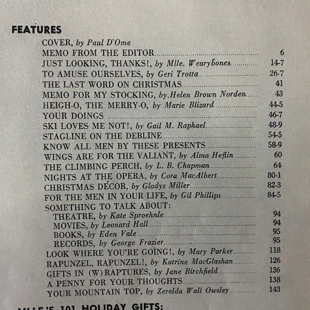 Table of contents from Mademoiselle Magazine December 1939 Special Christmas Issue listing featured articles and contributions.