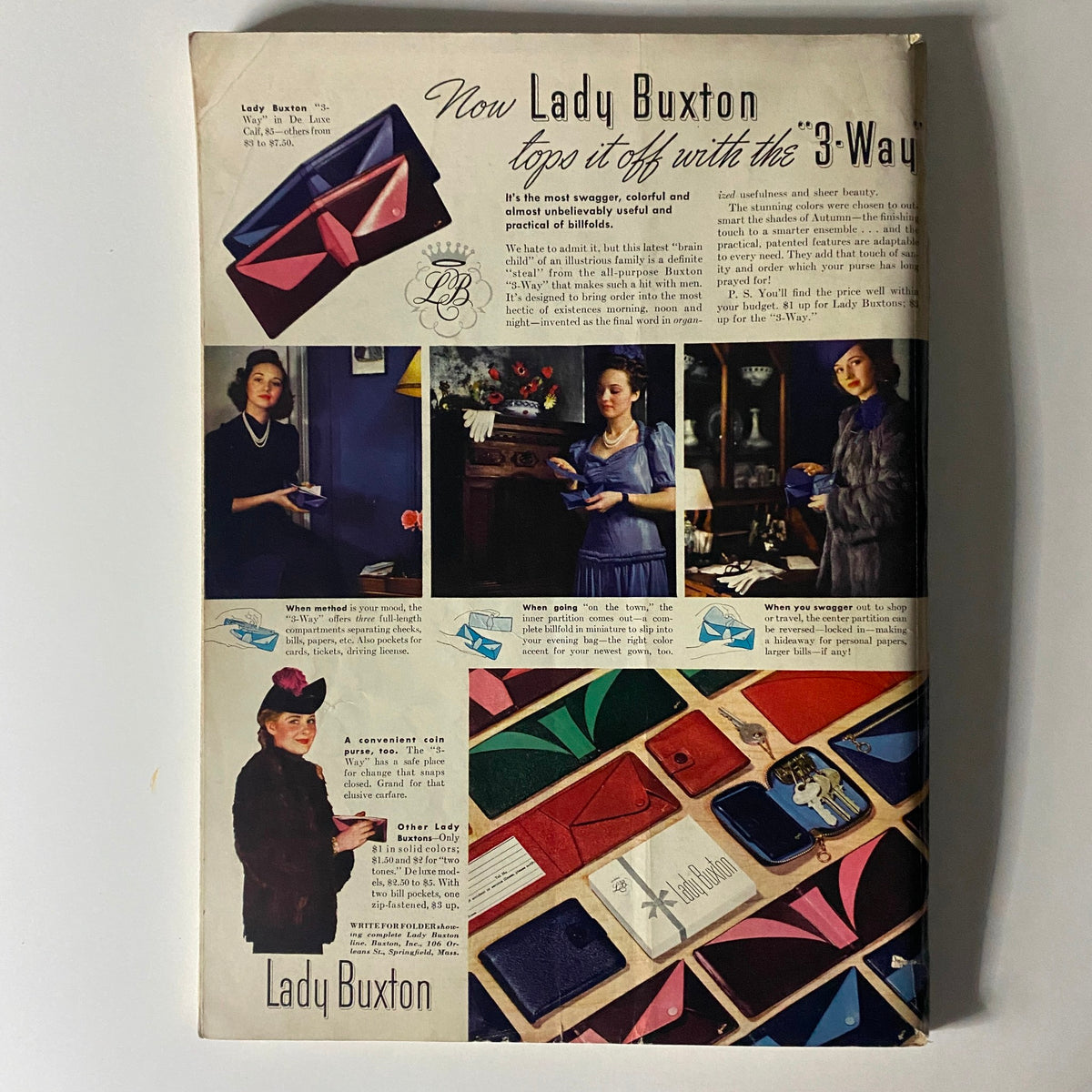 Back cover of Mademoiselle Magazine December 1939 Special Christmas Issue showcasing advertisements for Lady Buxton products.