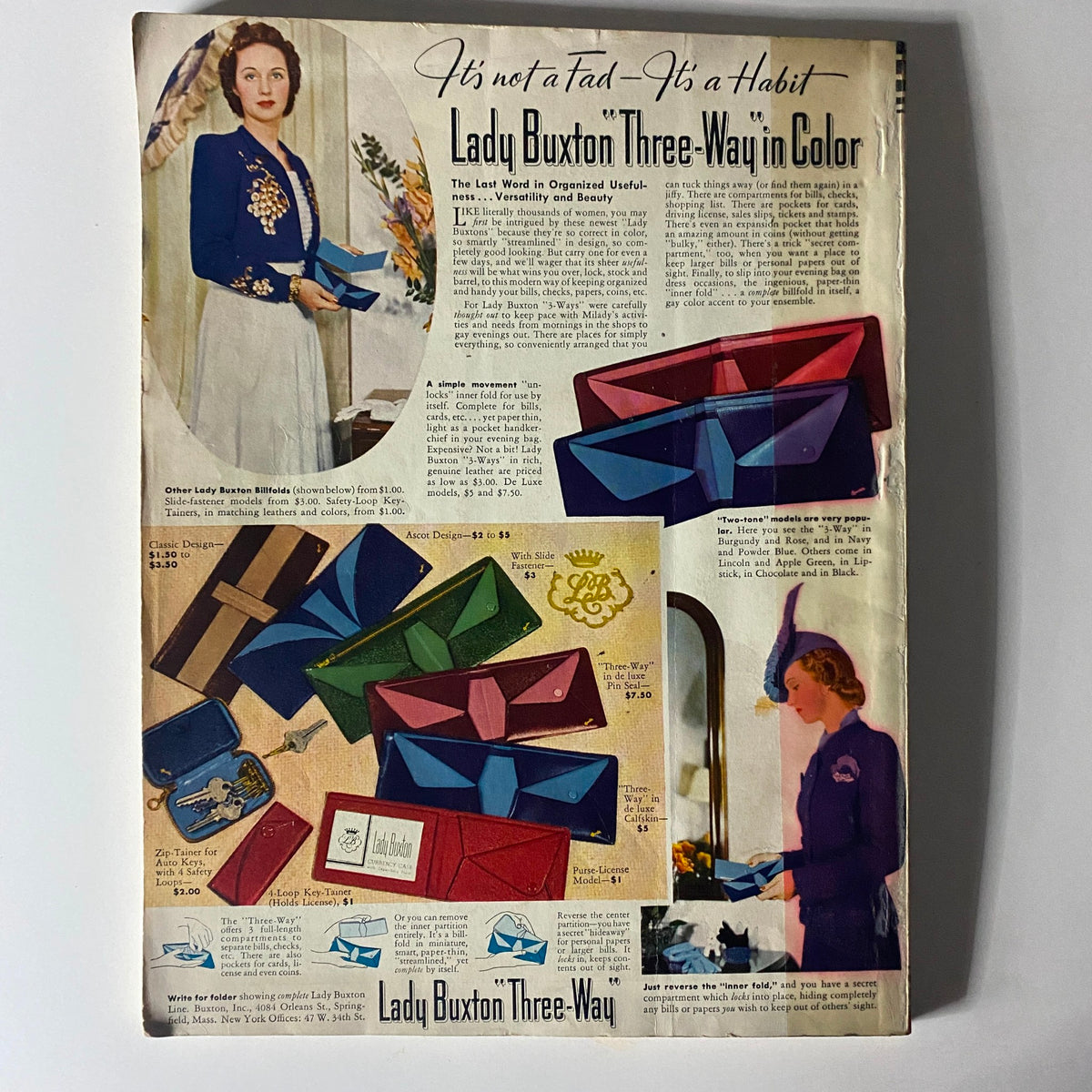 Advertisement for Lady Buxton Three-Way accessory featured in Mademoiselle Magazine June 1940 Vacation Special, showcasing colorful designs and the versatility of the product.