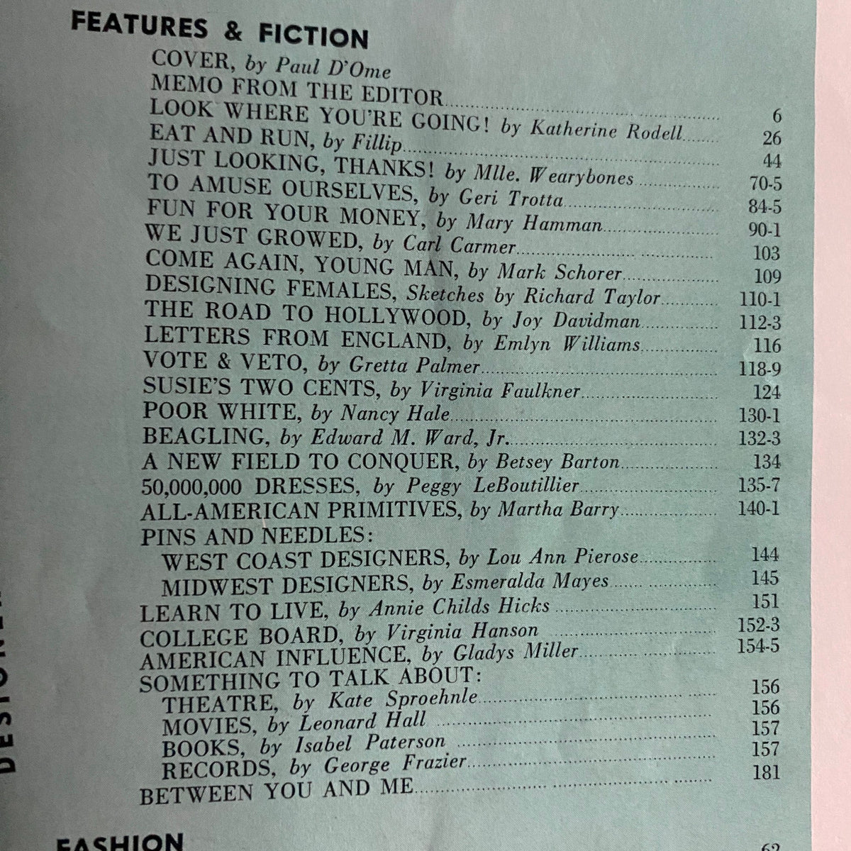 Table of contents from Mademoiselle Magazine October 1940, listing articles that reflect women’s fashion and cultural commentary during World War II.