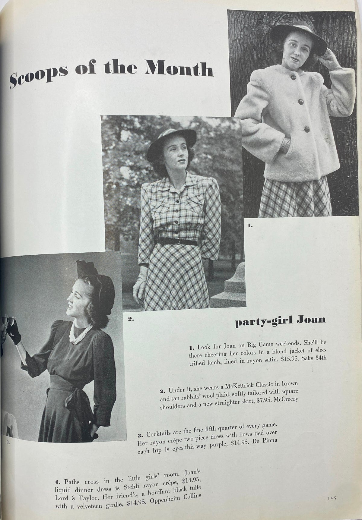 Mademoiselle Magazine October 1940 - 'Scoops of the Month' feature showcasing vintage fashion, highlighting different looks for women, including plaid dress and hats, accompanied by advertisements and text descriptions.