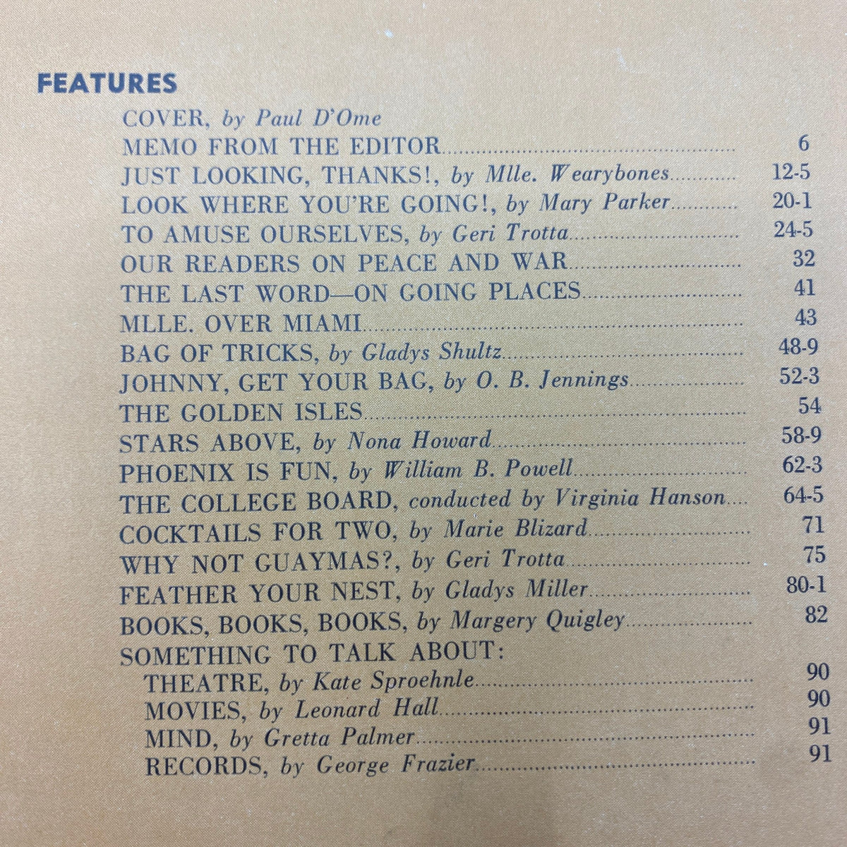 Table of contents from Mademoiselle Magazine January 1940, highlighting various articles and features, giving insight into the magazine's content.