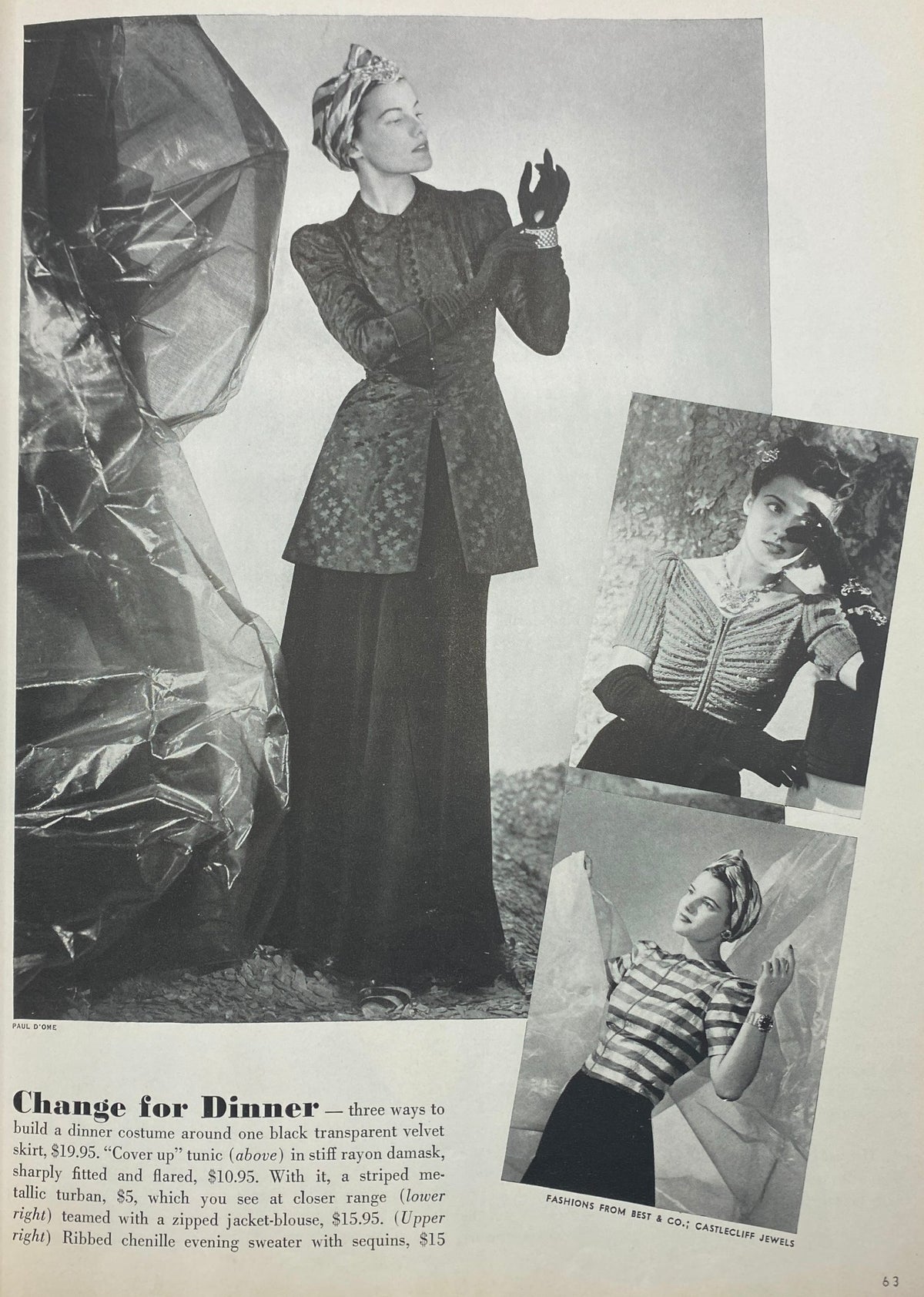 Mademoiselle Magazine November 1939 showcasing fashion trends, featuring a model in an elegant dinner outfit with a velvet skirt and stylish gloves, with a backdrop of artistic textures.