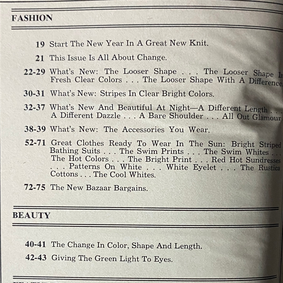 Table of contents for Harper's Bazaar Magazine January 1974 detailing fashion articles, styles, and beauty tips featured in the issue.