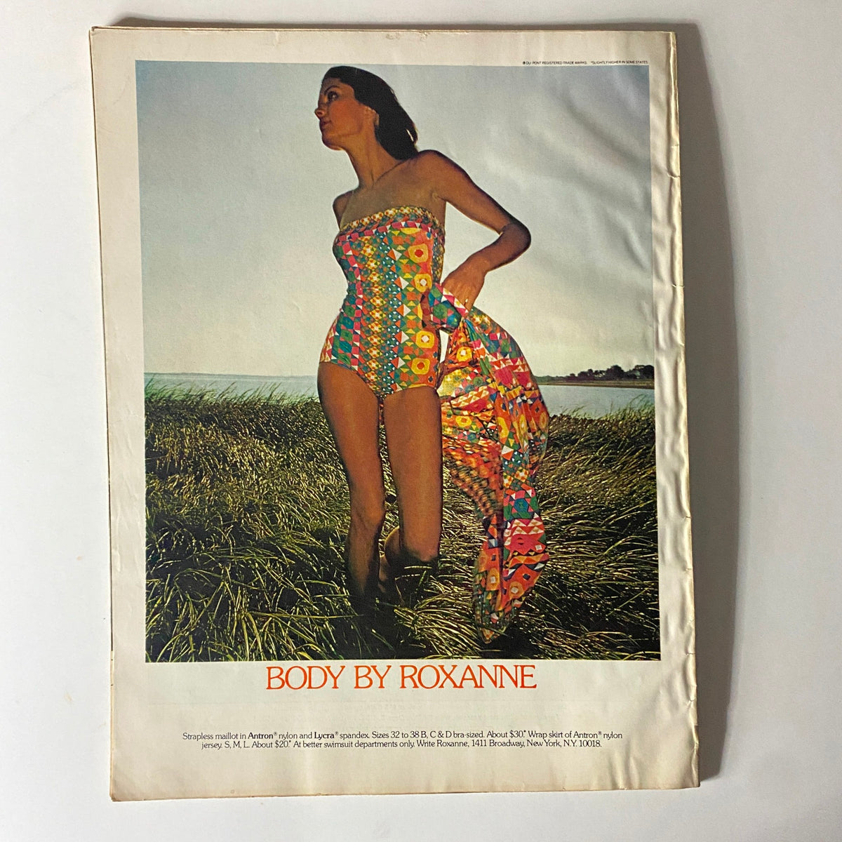Fashion advertisement from Harper's Bazaar Magazine January 1974 featuring a model in a colorful vintage swimsuit, titled 'Body by Roxanne.' The model stands in a grassy area with a scenic background, embodying the vibrant fashion trends of the early 1970s.