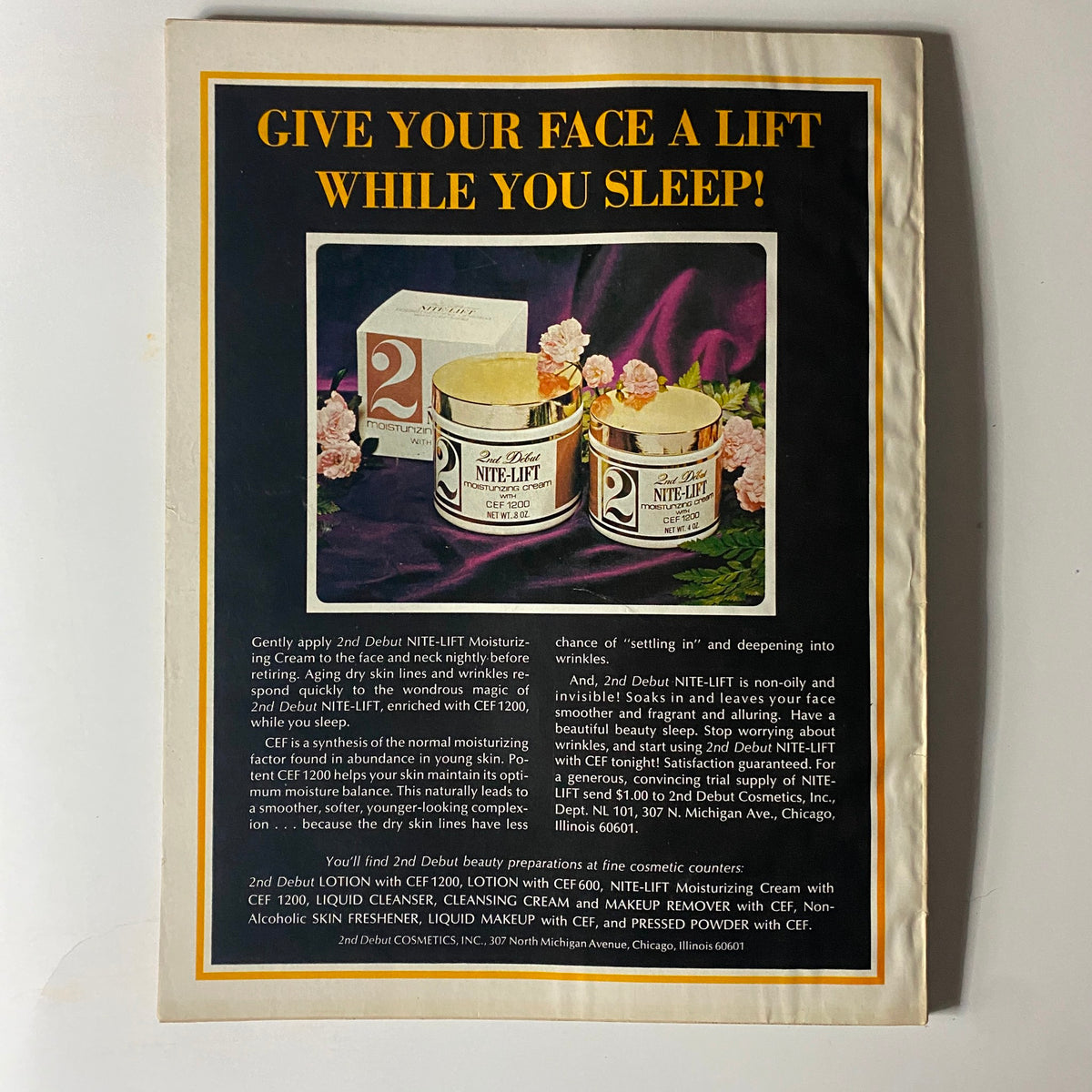 Vintage advertisement from Harper's Bazaar Magazine December 1973 promoting 2nd Debut NITE-LIFT moisturizing cream for youthful skincare.