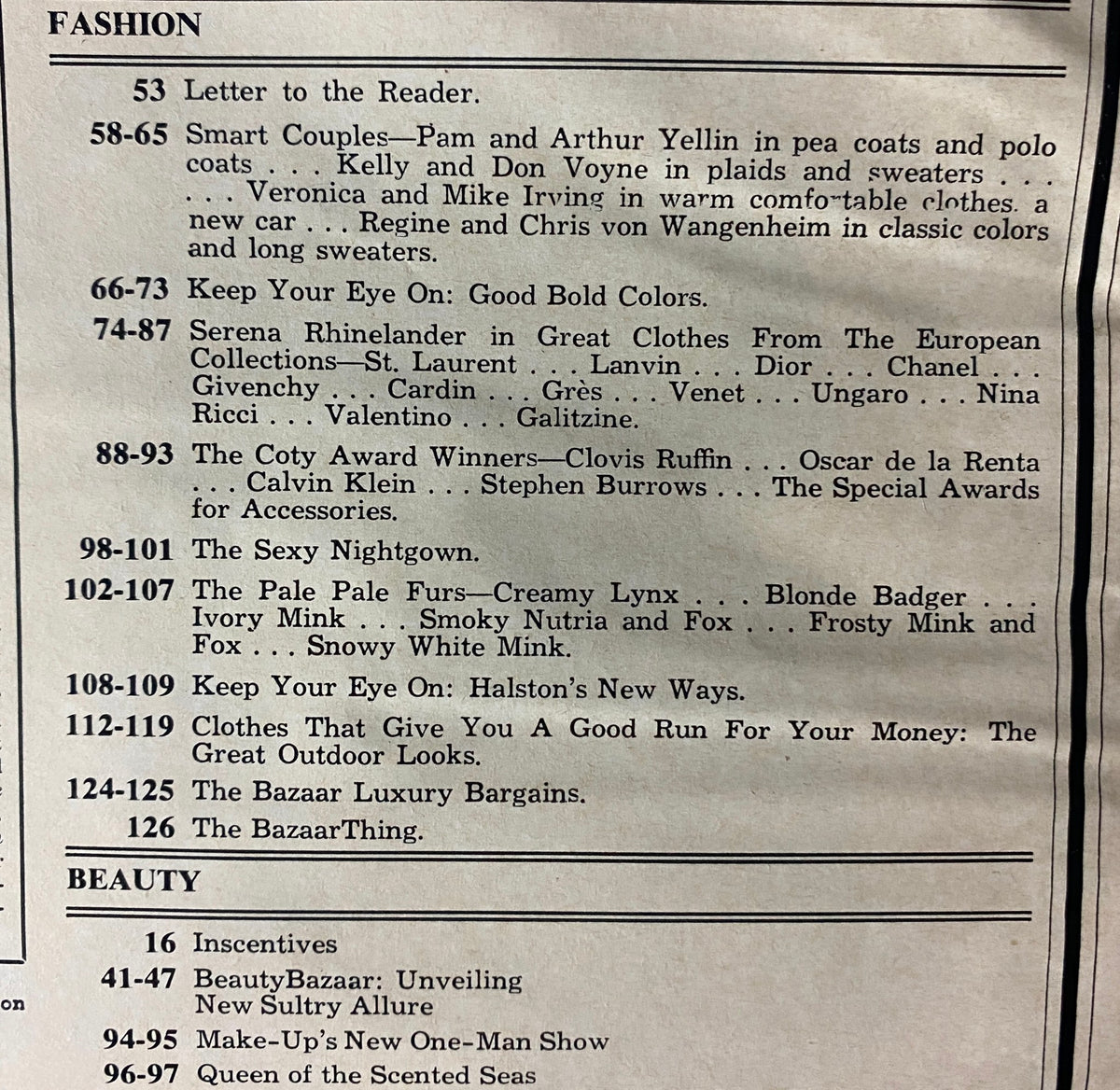 Interior page of Harper's Bazaar Magazine October 1973 listing features such as fashion highlights and beauty trends showcasing the stylish offerings of the time.