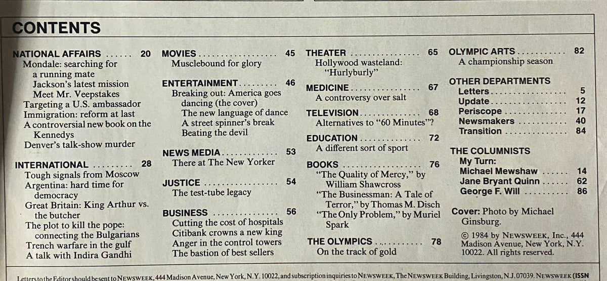 Contents page of the July 2, 1984 Newsweek Magazine listing features including 'Mondale: searching for a running mate' and 'Breaking out: America goes dancing', providing a glimpse into the political and entertainment landscape of the era.