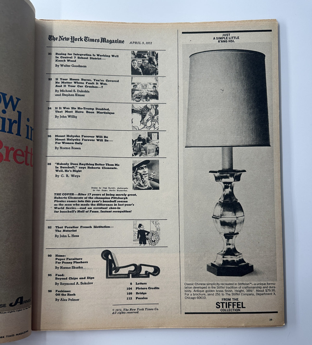 Table of contents page from The New York Times Magazine, April 9, 1972, detailing various articles including one on Roberto Clemente. Includes section on integration, home insurance, and more.