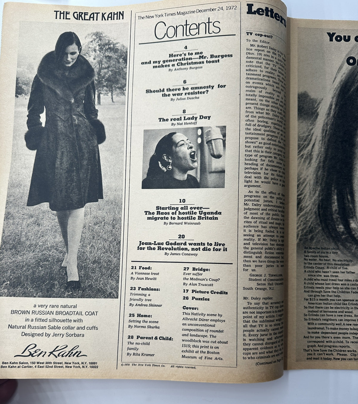 Interior page of The New York Times Magazine December 24, 1972 displaying the table of contents and an article titled 'The Great Kahn' with an image of a model wearing a stylish coat.