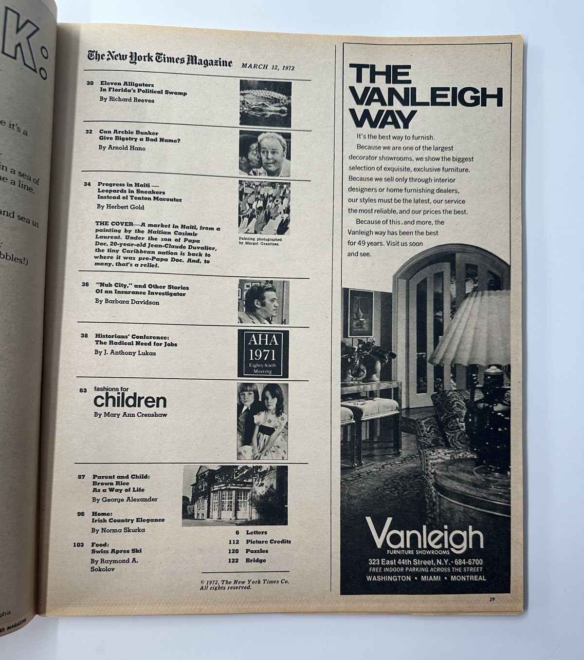 Table of contents page from The New York Times Magazine, March 12, 1972, featuring articles such as 'Can Archie Bunker Give Bigotry a Bad Name?' by Arnold Hano and others. Highlights include political commentary and cultural insights.