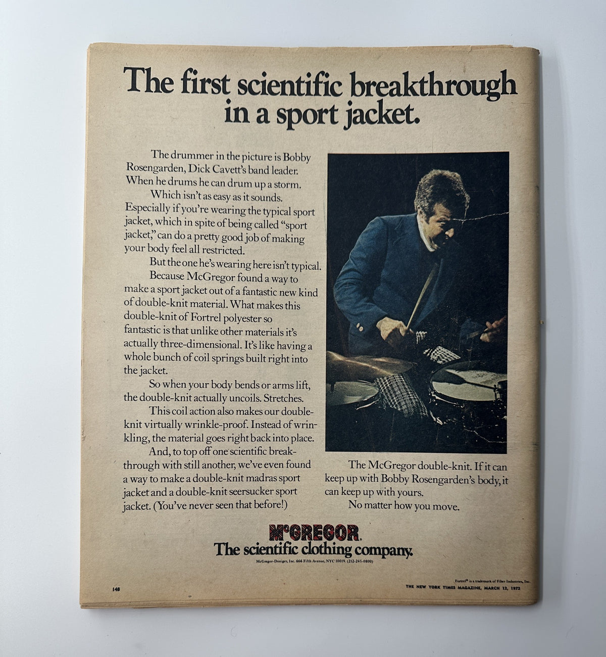 Back cover of The New York Times Magazine, March 12, 1972, showcasing an advertisement for McGregor clothing, featuring Bobby Rosengarden and highlighting the double-knit sport jacket.