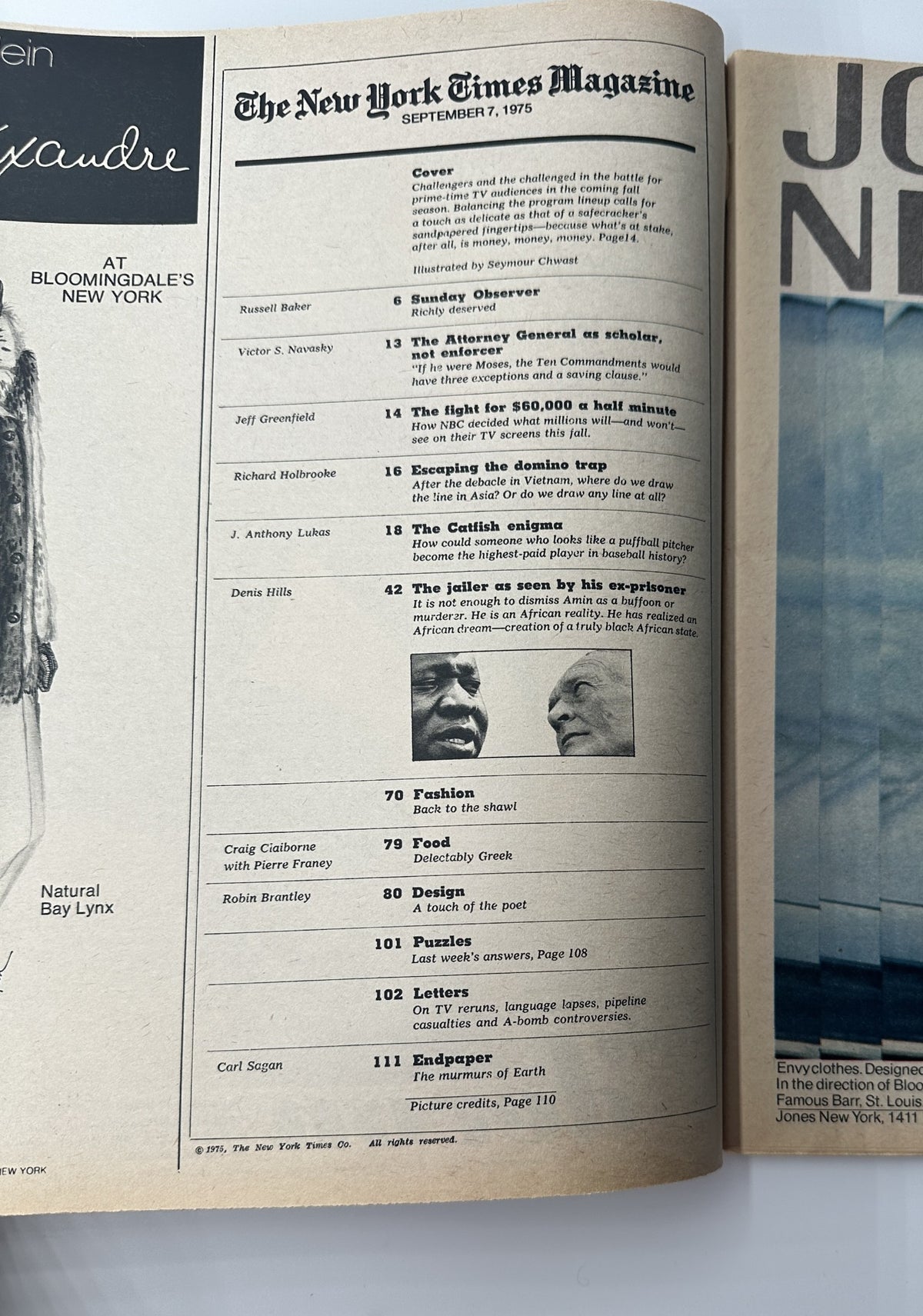 Table of contents from The New York Times Magazine, September 7, 1975, listing articles including 'Cover: The fight for $60,000 a half minute' and contributions from writers like Russell Baker and Victor S. Navasky.