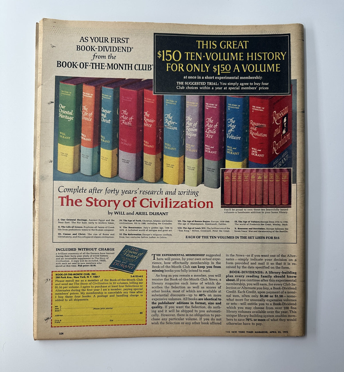 Back cover of The New York Times Magazine April 23, 1972, featuring an advertisement for a book series and a promotion for Sylvan Pools, showcasing colorful book spines and pool construction details.
