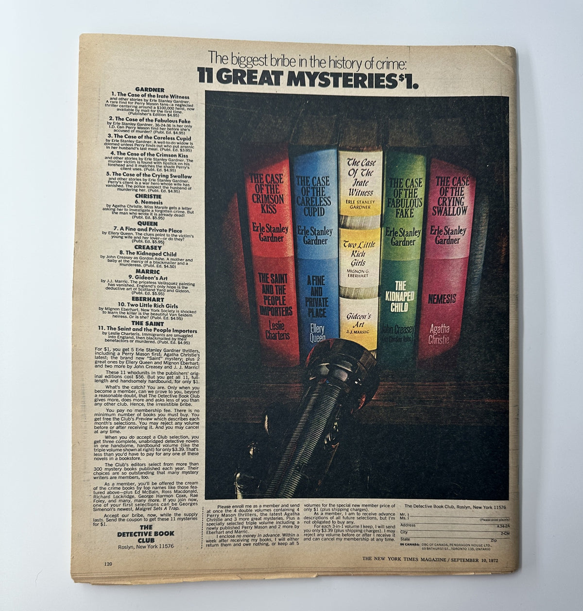 Back cover of The New York Times Magazine, September 10, 1972, showcasing a colorful advertisement for mystery novels, titled '11 Great Mysteries!'