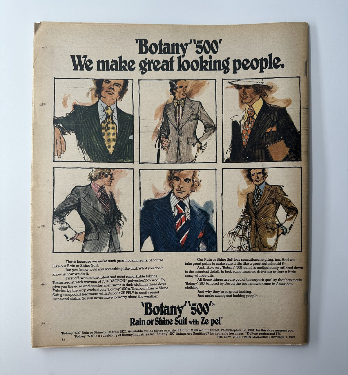 Vintage advertisement depicting fashionable men's suits titled 'Botany 500'. Features illustrations of six well-dressed men in stylish suits, showcasing the brand's tagline 'We make great looking people'. Image relates to The New York Times Magazine October 1, 1972, featuring Joseph Brodsky on the cover.