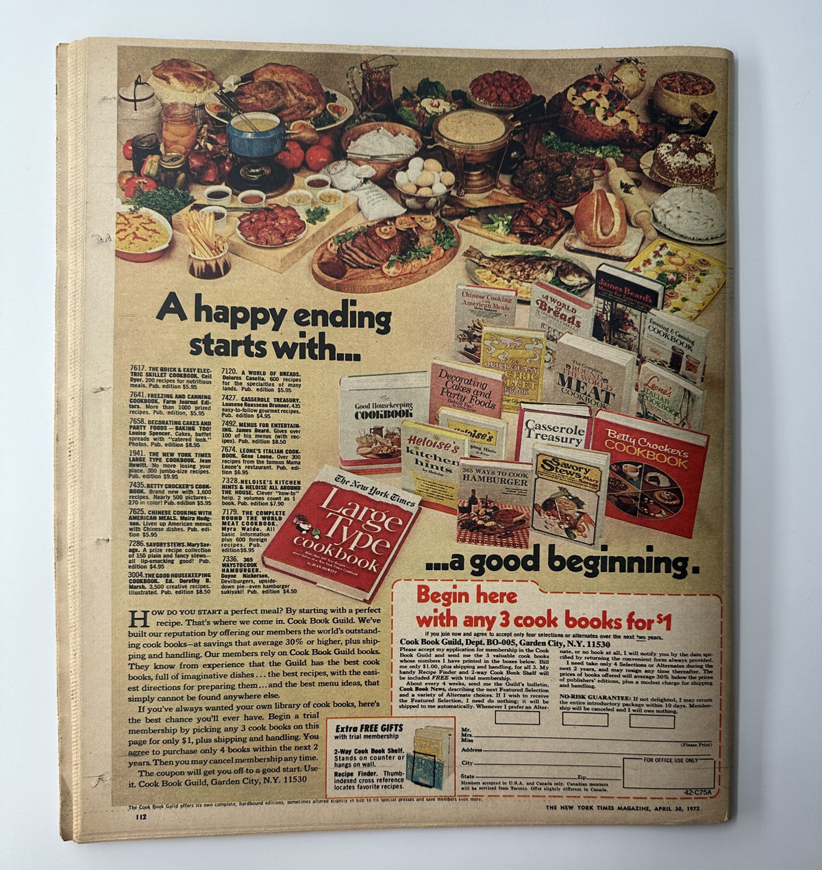 Back cover of The New York Times Magazine, April 30, 1972, featuring an advertisement for various cookbooks with an assortment of food items displayed, promoting a special offer.