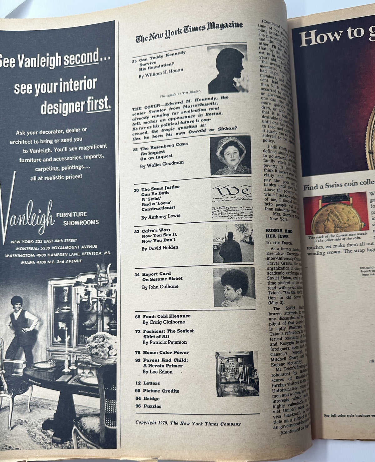 Table of Contents page from The New York Times Magazine May 24, 1970, displaying articles including a feature on Ted Kennedy's reputation and additional content highlights. The page showcases a variety of topics covered in this issue.
