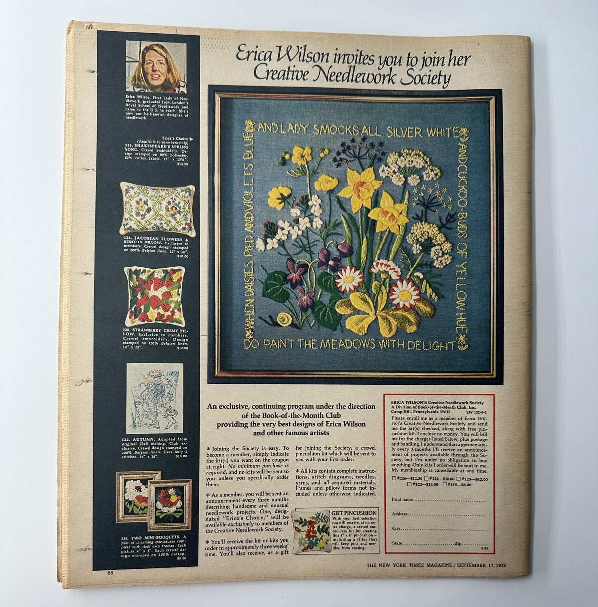 The New York Times Magazine September 17, 1972 back cover inviting readers to join Erica Wilson's Creative Needlework Society with vibrant floral artwork and needlework designs.