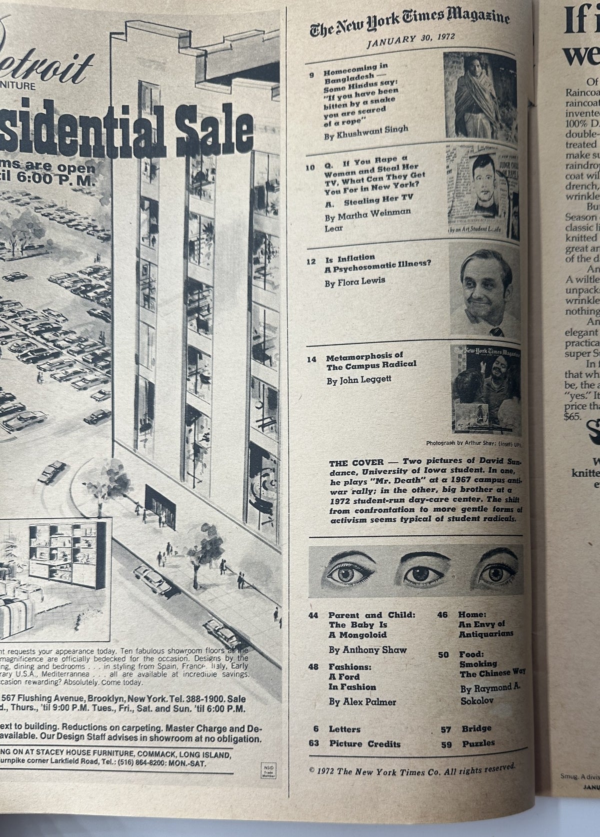 Interior page of The New York Times Magazine January 30, 1972, displaying the Table of Contents with various featured articles including 'Metamorphosis of The Campus Radical' by John Leggett and other notable pieces, indicative of the magazine's focus on social and political issues of the time.