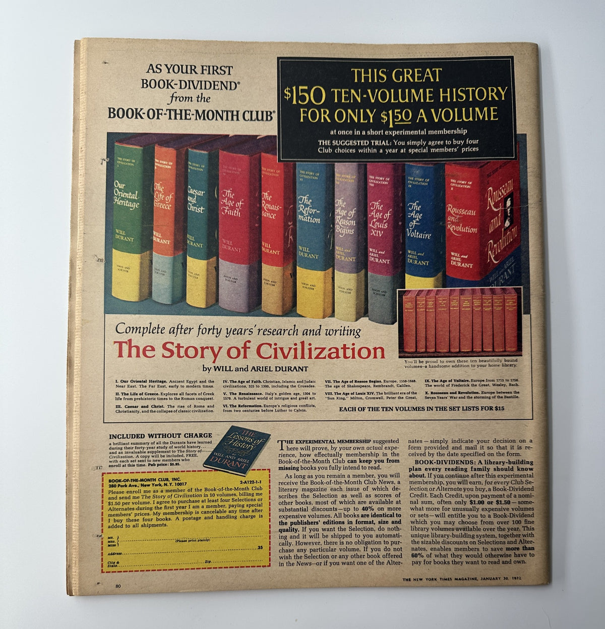 Back cover of The New York Times Magazine January 30, 1972, featuring an advertisement for a ten-volume history collection, highlighting the promotional offers available towards book subscriptions, set against a colorful background.