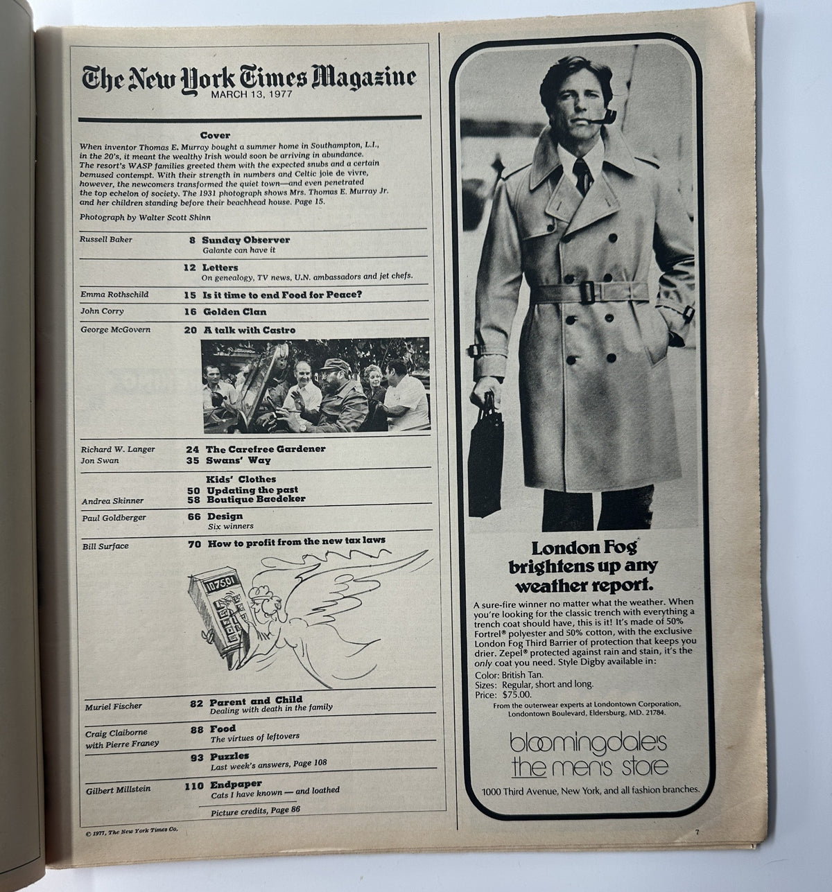 The New York Times Magazine March 13, 1977 interior page showing the Table of Contents, including articles like 'Sunday Observer' and 'Parent and Child', highlighting the diverse content of this vintage magazine issue.