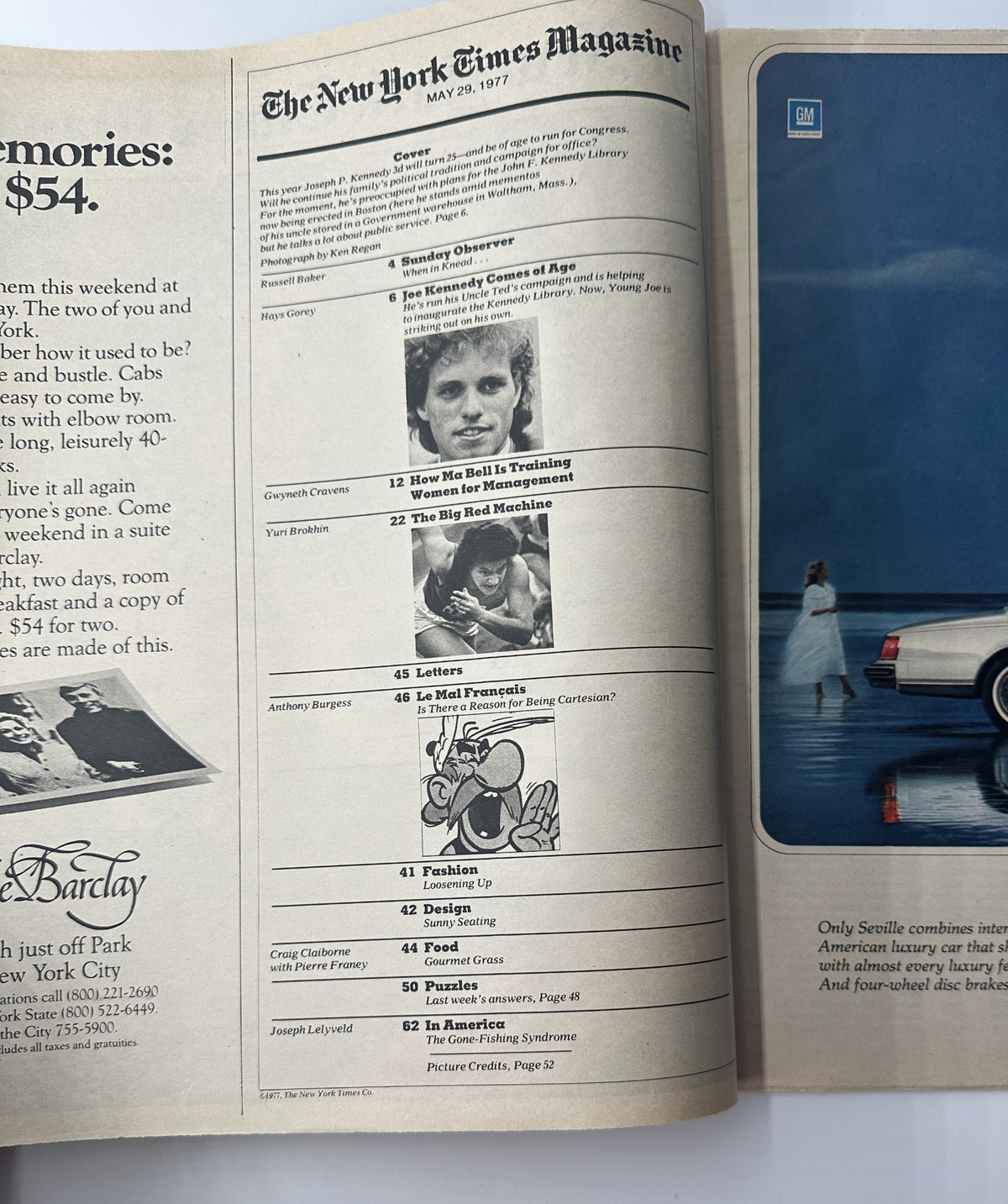 Table of contents of The New York Times Magazine from May 29, 1977, listing articles including 'Joe Kennedy Comes of Age' and 'How Ma Bell Is Training Women for Management'.