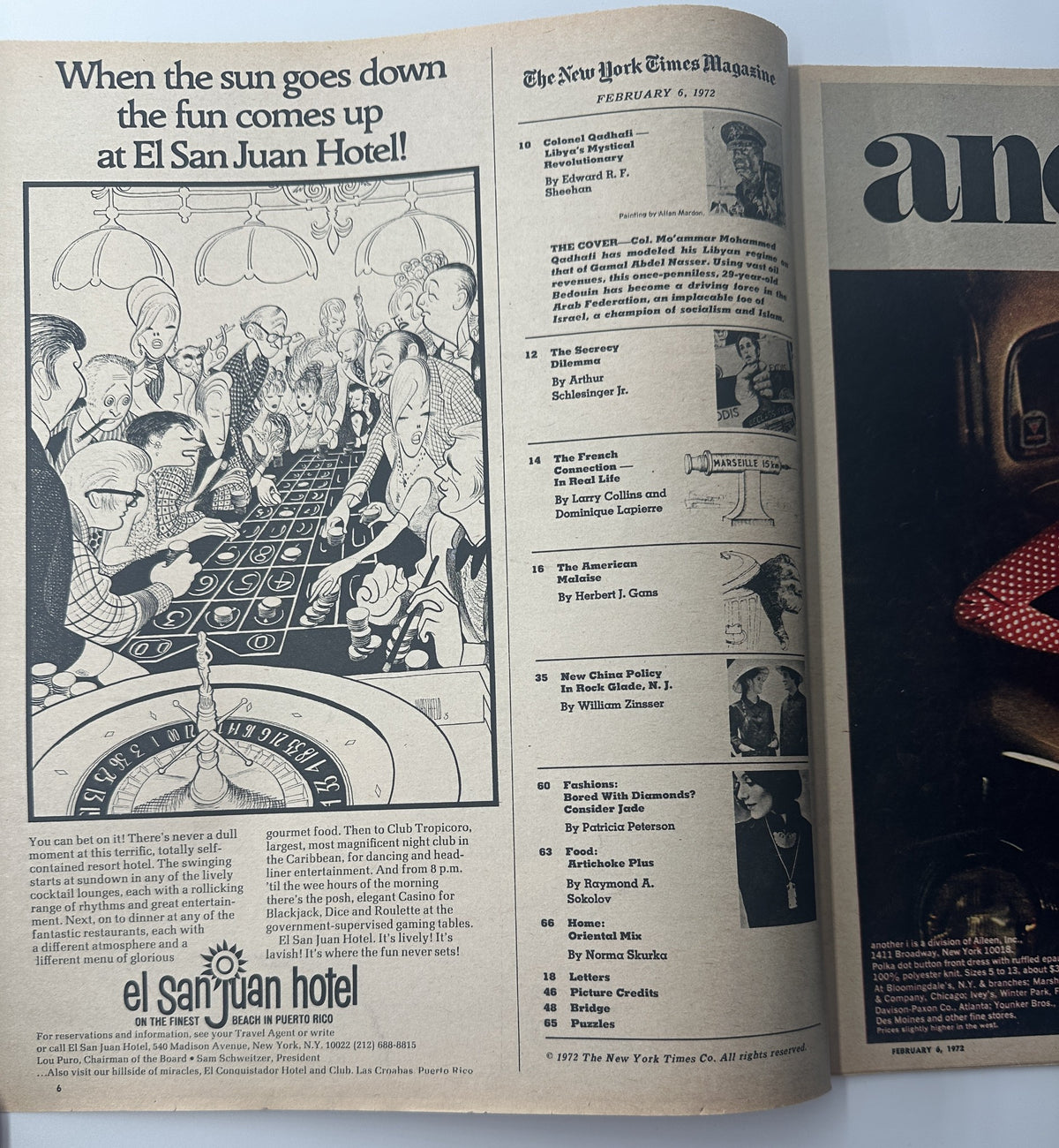 Interior page of The New York Times Magazine February 6, 1972 showcasing an advertisement for El San Juan Hotel in Puerto Rico along with the Table of Contents for the magazine issue.
