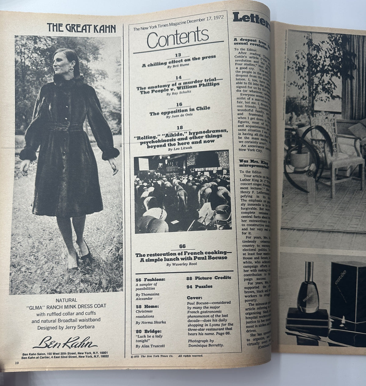 The New York Times Magazine December 17, 1972 showcasing the contents page, featuring articles including 'A chilling effect on the press' and 'The restoration of French cooking - A simple lunch with Paul Bocuse.' The layout includes headlines and a vintage style.