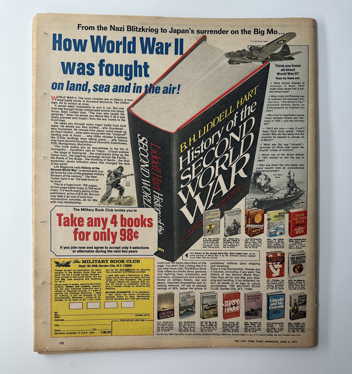 Back cover of The New York Times Magazine, June 4, 1972, featuring an advertisement for B. H. Liddell Hart's book 'A History of the Second World War'.