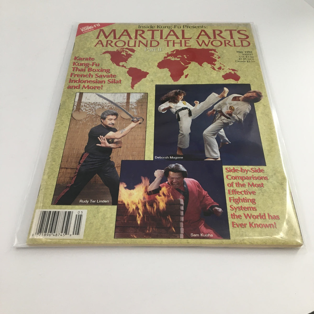 Cover image of Inside Kung-Fu Presents May 1991: Martial Arts Around The World Part 2 featuring martial artists Rudy Ter Linden, Deborah Magone, and Sam Kuoha, showcasing various martial arts techniques and cultural elements.