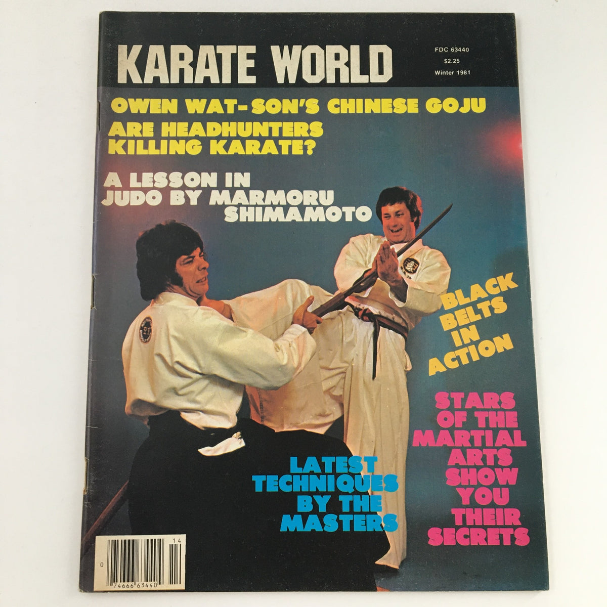 Cover of Karate World Magazine Winter 1981 featuring a Judo lesson by Marmoru Shimamoto, showcasing martial arts techniques and highlights of black belts in action.