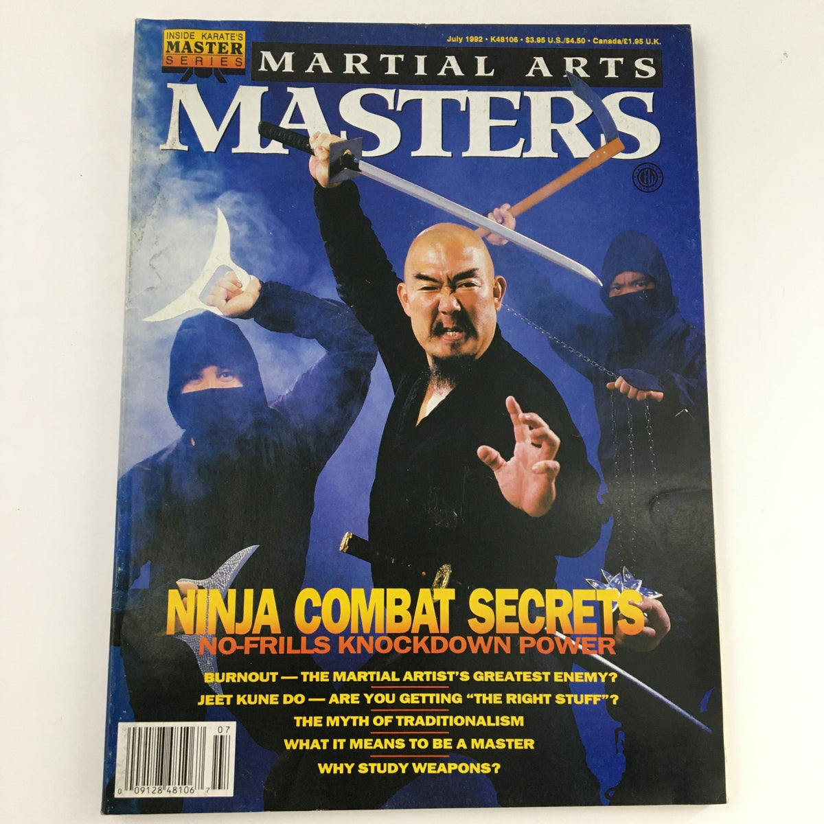 Martial Arts Masters Magazine July 1992 with Ninja Combat Secrets highlighted, depicting a fierce martial artist wielding a sword and two ninjas in the background.