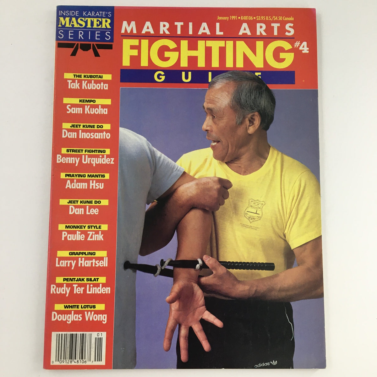 Cover of Martial Arts Fighting Guide, January 1991 issue featuring Tak Kubota, showcasing various martial arts styles and instructors including Sam Kuoha and Benny Urquidez. The magazine emphasizes martial arts techniques and training.