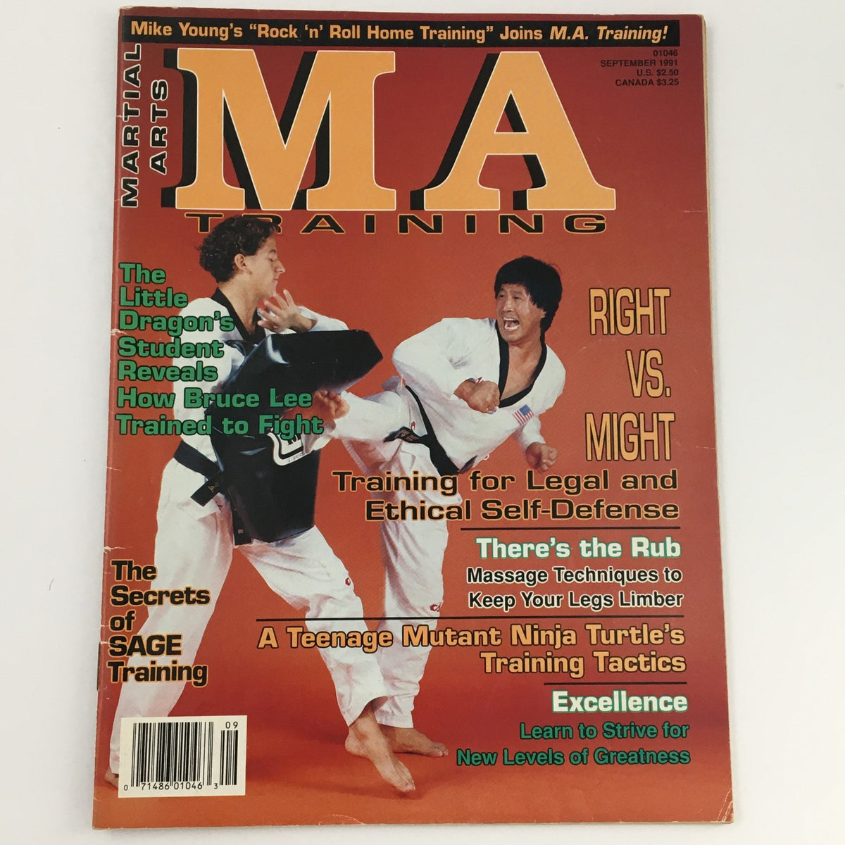 Cover of MA Training Magazine September 1991 displaying 'The Secrets of Sage Training', illustrating martial arts practitioners in a dynamic pose with captions on self-defense and training skills.