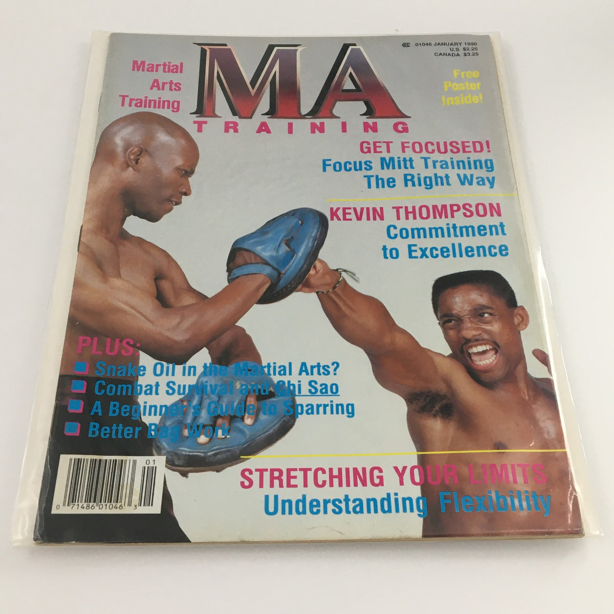 Cover of MA Training Magazine January 1990 featuring Kevin Thompson, showcasing focus mitt training techniques. The cover highlights articles on martial arts training, including topics such as flexibility, sparring, and combat survival.
