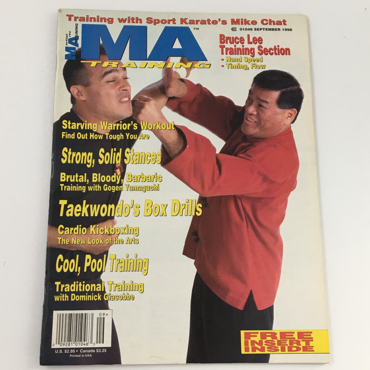 Cover of MA Training Magazine September 1998 featuring a Bruce Lee Training Section. The image displays two martial artists in a training pose, promoting articles on workouts, techniques, and martial arts culture.